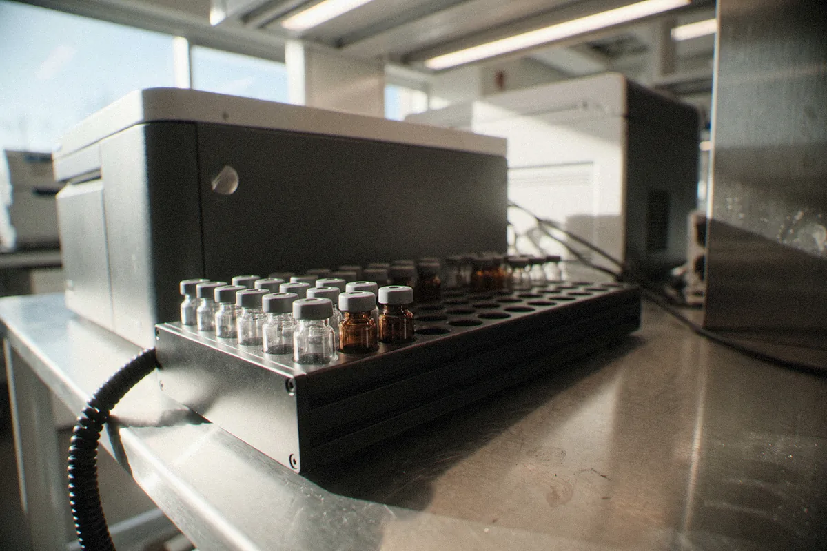 Autosampler tray holding clear and amber chromatography vials